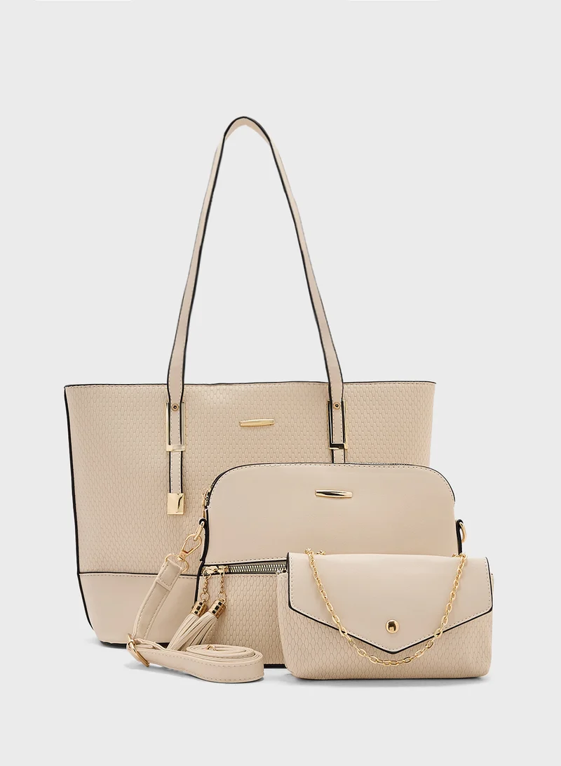 ELLA 3 In 1 Weave Textured Tote Bag With Crosssbody & Wallet
