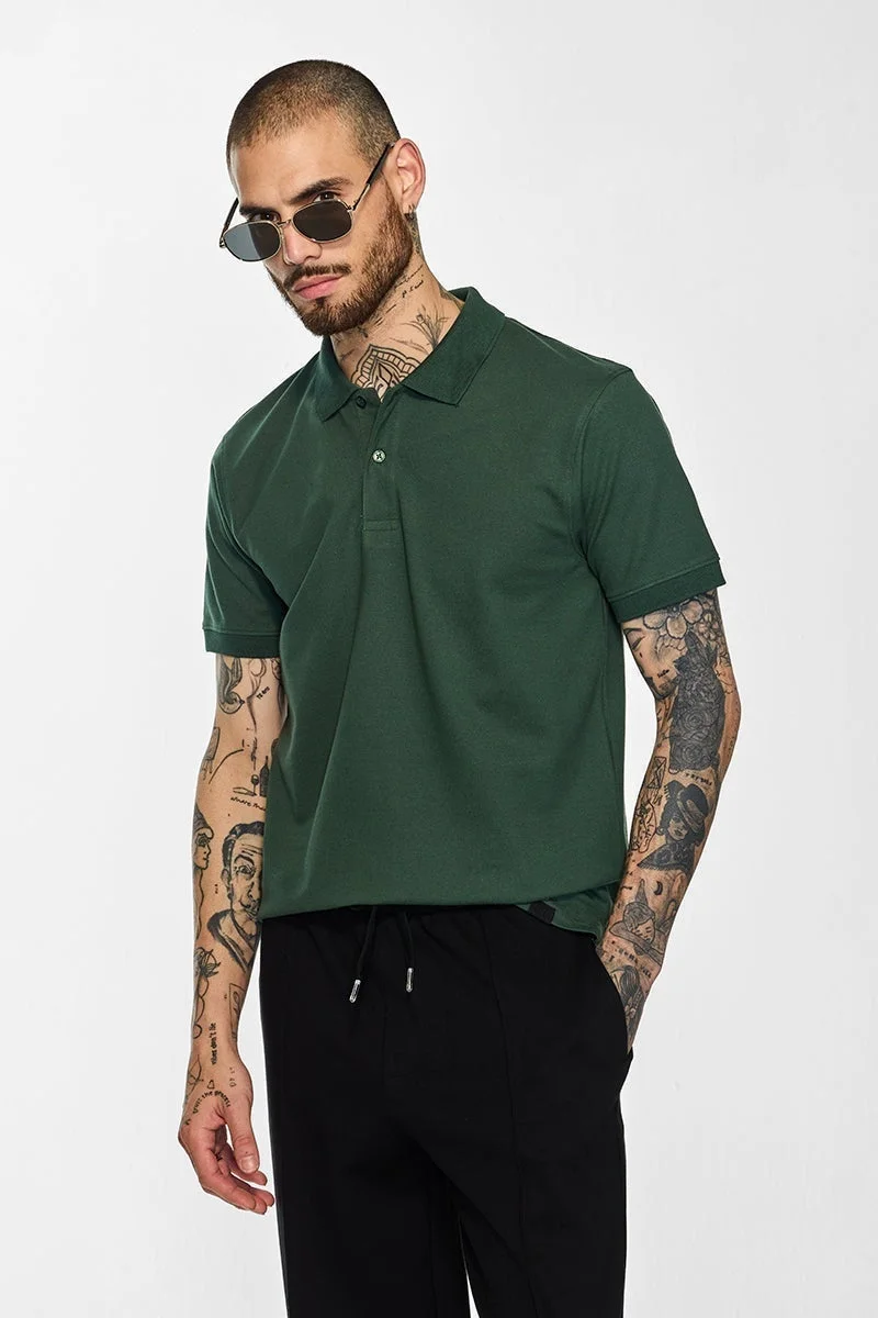 SNITCH Core Lab Dark Green Solid Polo T-Shirt