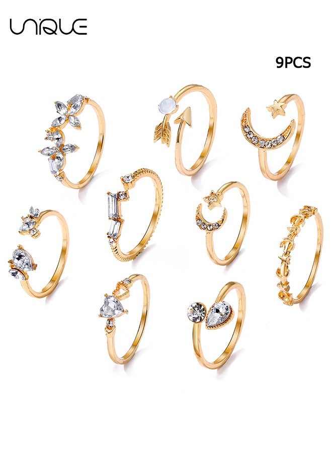 Unique 9 Piece Ring Set - Peach Heart Flower Diamond Ring - Golden Moon Star Ring - Arrow Ring Set - Women's Girls' Jewelry - Image 1
