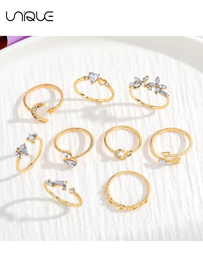 Unique 9 Piece Ring Set - Peach Heart Flower Diamond Ring - Golden Moon Star Ring - Arrow Ring Set - Women's Girls' Jewelry - Image 2