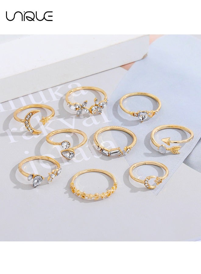Unique 9 Piece Ring Set - Peach Heart Flower Diamond Ring - Golden Moon Star Ring - Arrow Ring Set - Women's Girls' Jewelry - Image 3