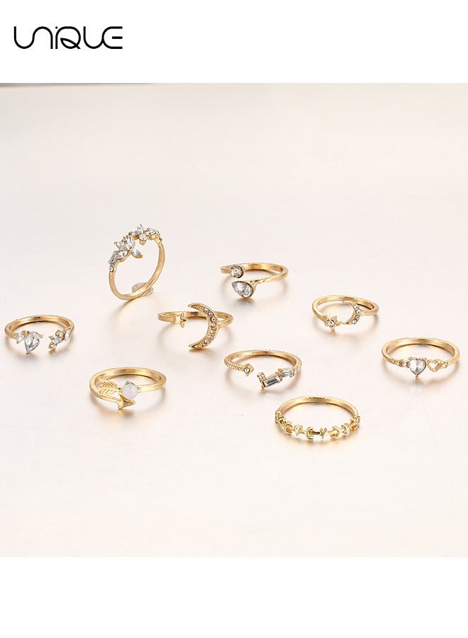 Unique 9 Piece Ring Set - Peach Heart Flower Diamond Ring - Golden Moon Star Ring - Arrow Ring Set - Women's Girls' Jewelry - Image 4