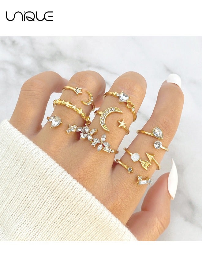 Unique 9 Piece Ring Set - Peach Heart Flower Diamond Ring - Golden Moon Star Ring - Arrow Ring Set - Women's Girls' Jewelry - Image 5