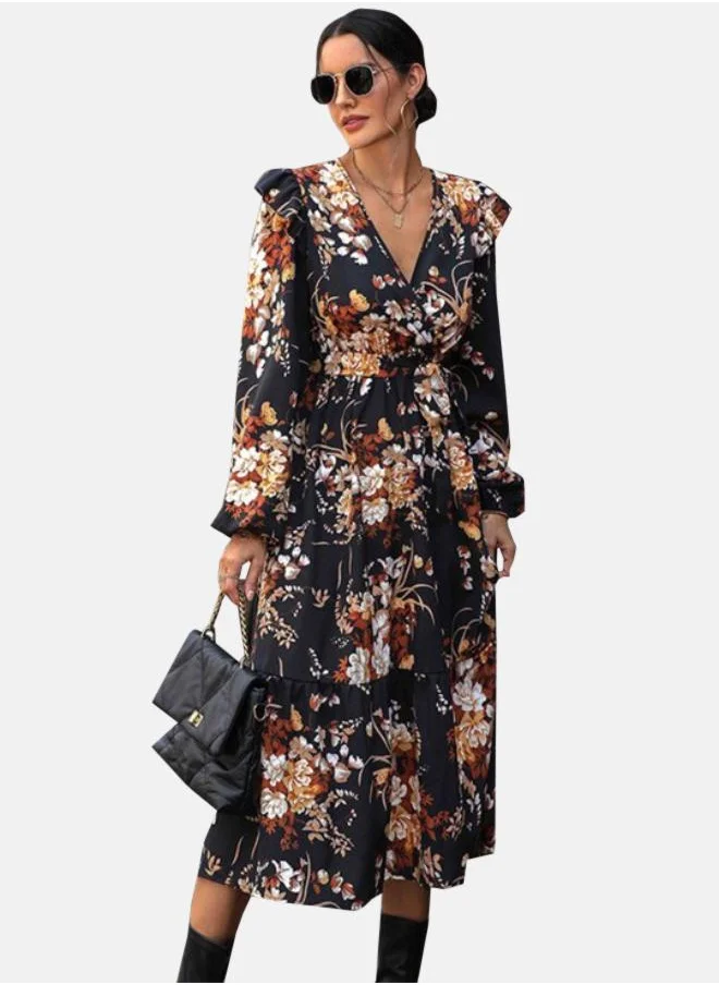 يونيكي Black Floral Printed V-Neck Puff Sleeves Tiered Fit and Flare Midi Dress