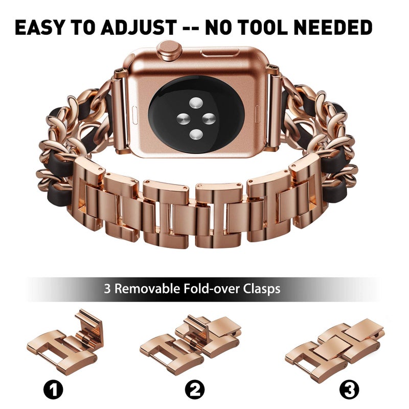Mosonio Compatible for Apple Watch Band 46mm with Screen Protector Case Women, Jewelry Metal Chain with 2-Pack Bling Cover for iWatch Series 11 10(Rose Gold Link with Black Leather) - Image 3