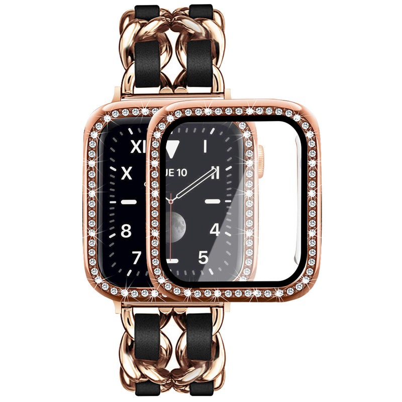 Mosonio Compatible for Apple Watch Band 46mm with Screen Protector Case Women, Jewelry Metal Chain with 2-Pack Bling Cover for iWatch Series 11 10(Rose Gold Link with Black Leather) - Image 1