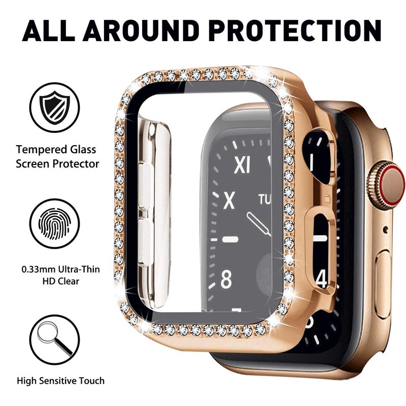 Mosonio Compatible for Apple Watch Band 46mm with Screen Protector Case Women, Jewelry Metal Chain with 2-Pack Bling Cover for iWatch Series 11 10(Rose Gold Link with Black Leather) - Image 4