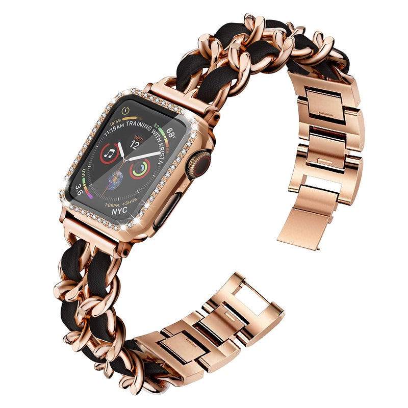 Mosonio Compatible for Apple Watch Band 46mm with Screen Protector Case Women, Jewelry Metal Chain with 2-Pack Bling Cover for iWatch Series 11 10(Rose Gold Link with Black Leather) - Image 2