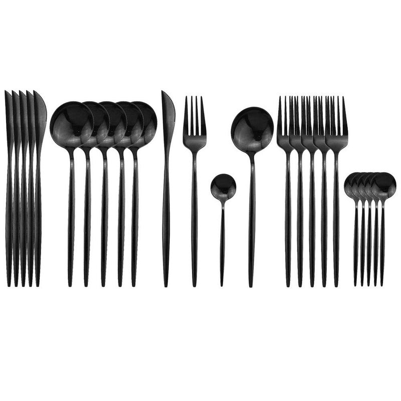 JASHII Black Flatware Serving Set 24 Piece Stainless Steel Silverware Set Titanium Black Cutlery Modern Elegant Tableware for Party Christmas Dinner