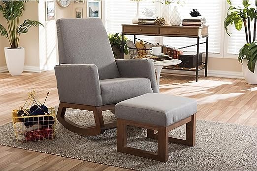 Md Decor Mid Century Retro Modern Fabric Upholstered Ottoman Stool Natural Finish Base Grey Cushion - Image 2