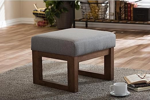 Md Decor Mid Century Retro Modern Fabric Upholstered Ottoman Stool Natural Finish Base Grey Cushion - Image 4