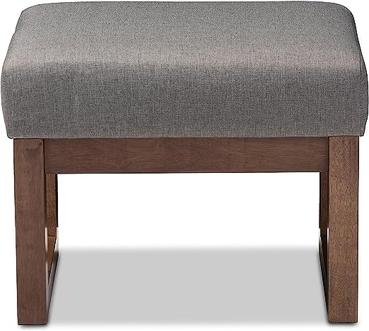 Md Decor Mid Century Retro Modern Fabric Upholstered Ottoman Stool Natural Finish Base Grey Cushion - Image 1