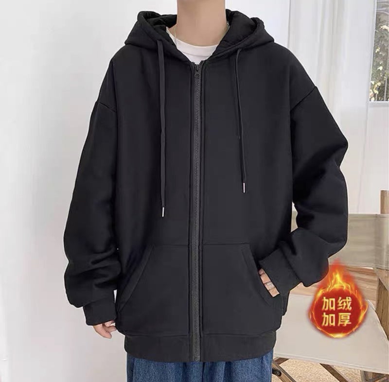 Winter Hong Kong Style Cardigan Sweater Men'S Hooded Trendy Loose Student Fleece-Lined Zipper Jacket Casual Sports Top - Image 1