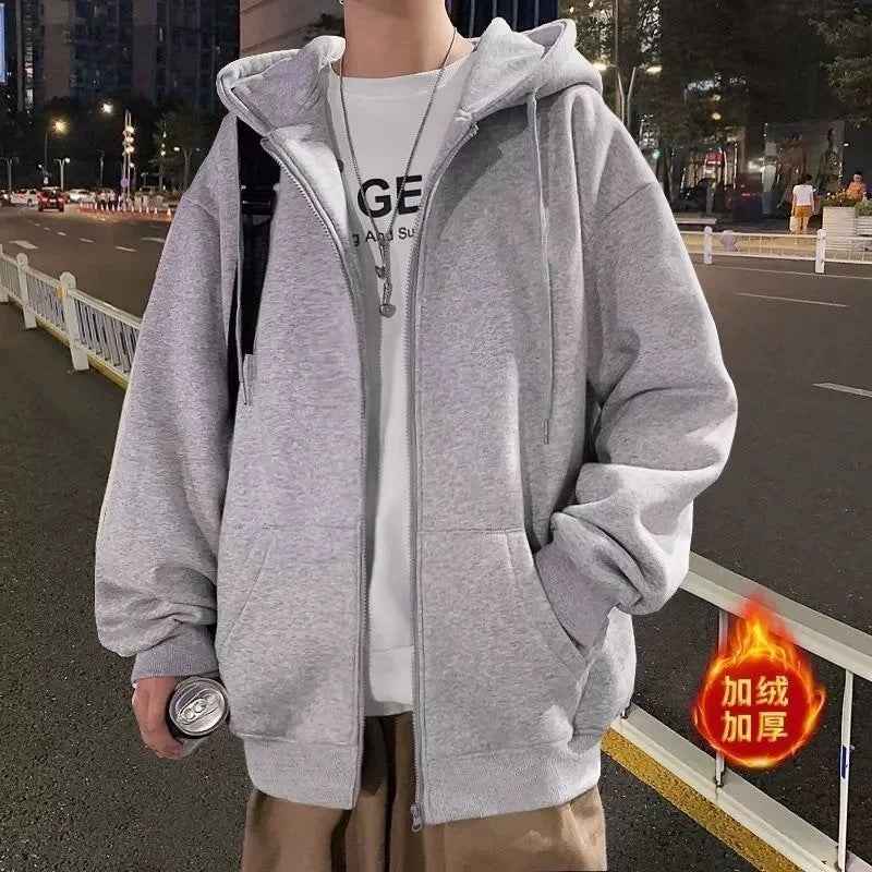 Winter Hong Kong Style Cardigan Sweater Men'S Hooded Trendy Loose Student Fleece-Lined Zipper Jacket Casual Sports Top - Image 2