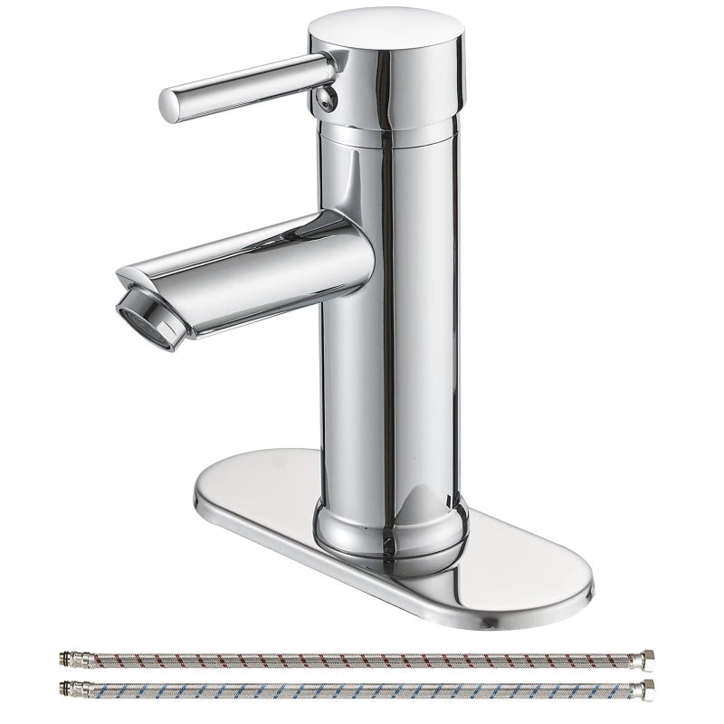 Greenspring Chrome Bathroom Faucets Single Handle Bathroom Sink Faucet Modern Deck Mount Single Hole Lavatory Vanity Faucet for Bathroom Sink with Deck Plate and Supply Line Brass