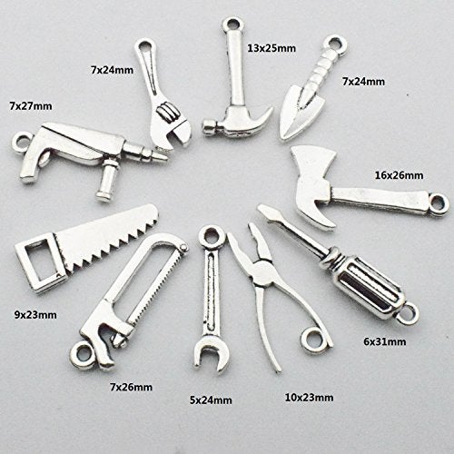 iloveDIYbeads 50pcs Antique Silver Tone 10 Kinds Mix 3D Tool Charm Collection - Hammer, Wrench, Saw, Pliers, Tape, Screwdriver, Construction Charm Set (M028) - Image 2