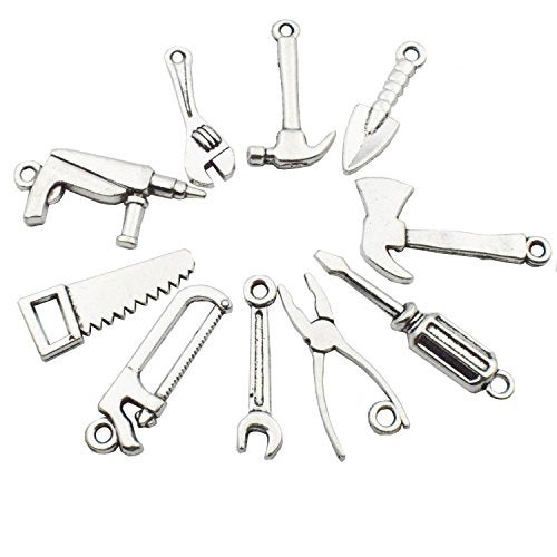 iloveDIYbeads 50pcs Antique Silver Tone 10 Kinds Mix 3D Tool Charm Collection - Hammer, Wrench, Saw, Pliers, Tape, Screwdriver, Construction Charm Set (M028) - Image 5