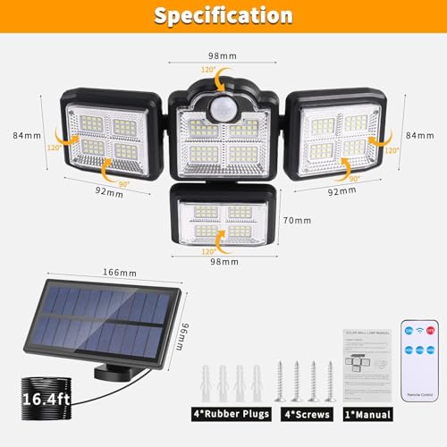 kh Solar LED Floodlight Outdoor 38W 6000LM, 6000K Motion Sensor Light with Remote Control, IP65 Waterproof, Separated Solar Panel Security Light for Yard, Patio, House - Image 4