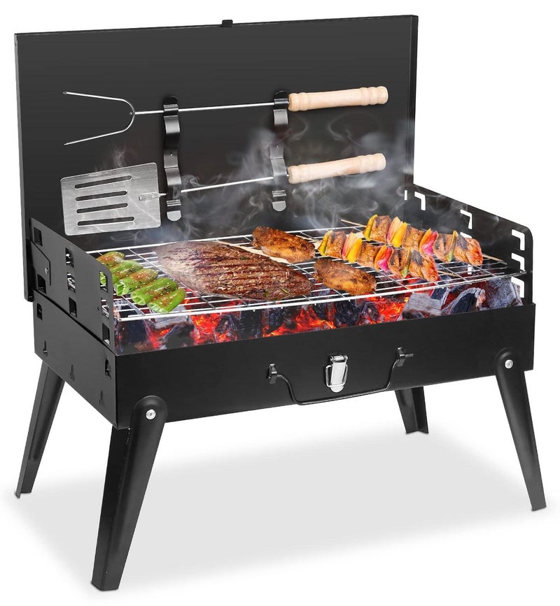 اكسيسن شواية فحم محمولة، شواية فحم محمولة، شواية شواء صغيرة في الهواء الطلق مع ملحقات الشواء، شواية تخييم قابلة للطي للطهي في الهواء الطلق للسفر في الهواء الطلق، تتسع من 3 إلى 5 أشخاص - Image 1