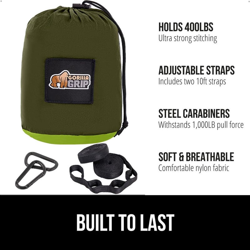 GORILLA GRIP Durable Camping Hammock with Heavy Duty Tree Straps, Portable Hammocks for Outside, Easy to Use Travel Swing Chair, Outdoor Camper Hiker Essentials, Backpacking Gear Gifts, Single, Green - Image 2