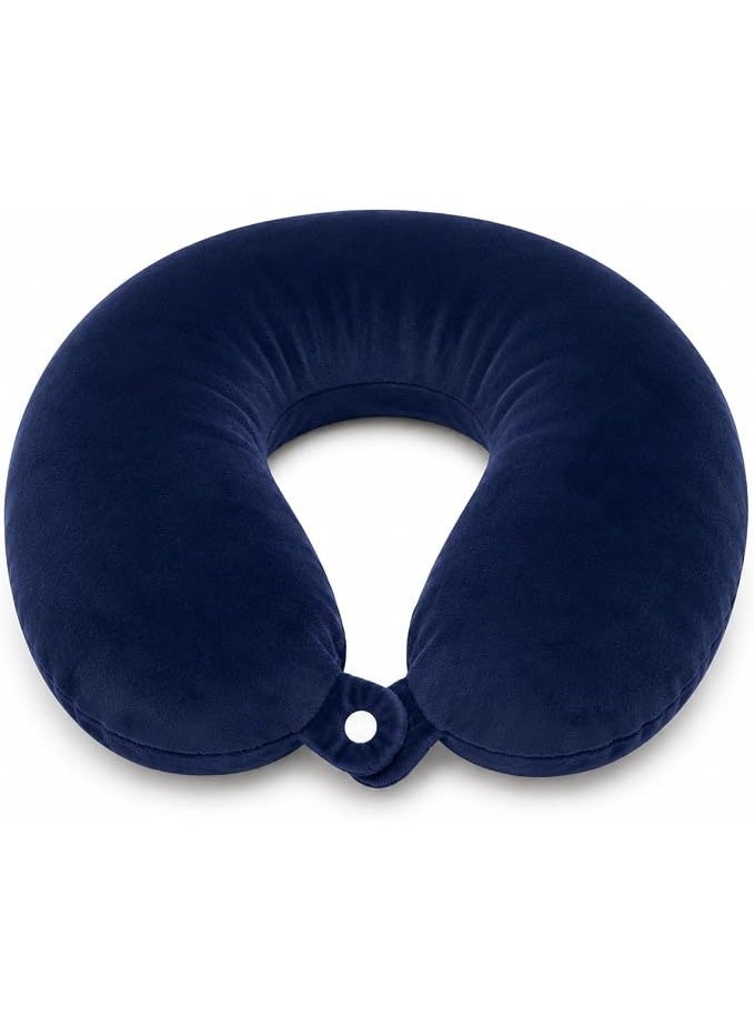 Memory Foam Travel Neck Pillow with Soft Velvet Cover Ergonomic Airplane Pillow Portable Neck Support Cushion for Car Train Office Camping Travel Accessories Comfortable Design (Navy Blue) - Image 1