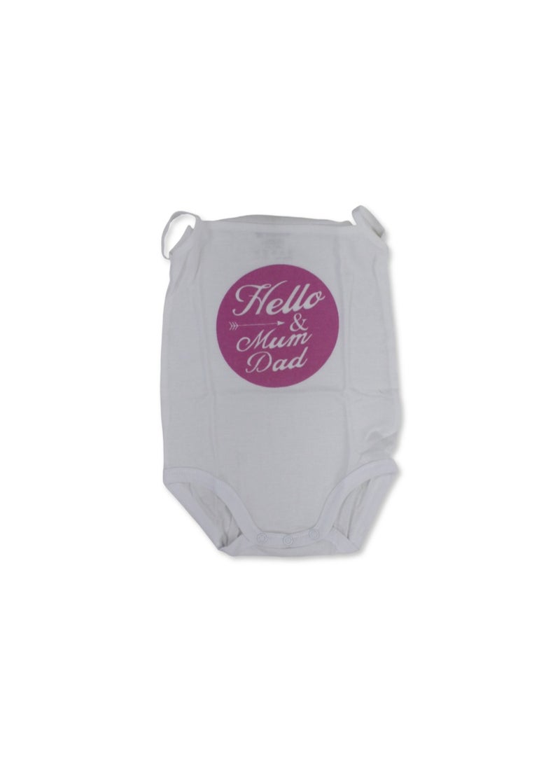 Baby Girls Cotton Bodysuit – White with Hello Mum & Dad Print - Image 1