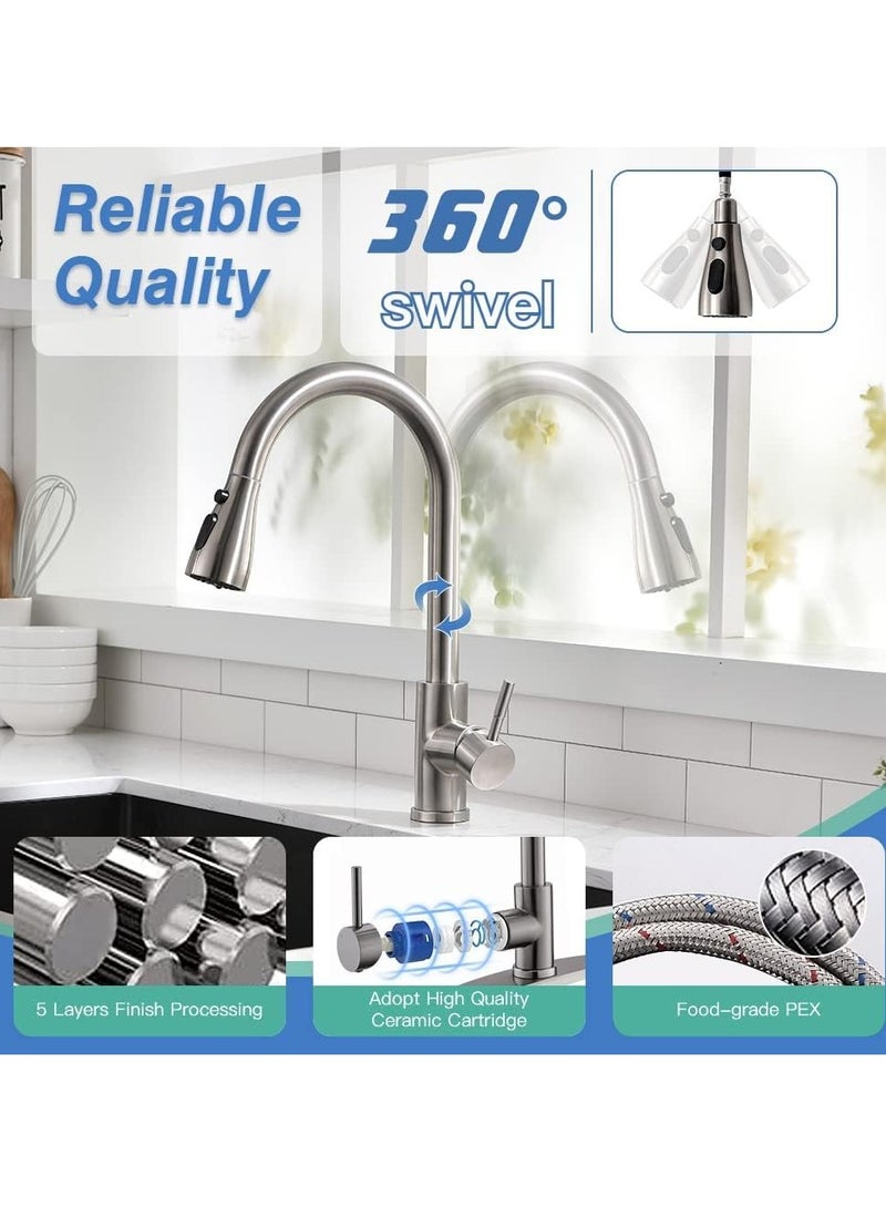 Excefore - Kitchen Faucet with Pull Down Sprayer, High Arc Single Handle Single Hole Stainless Steel Kitchen Sink Faucet with 3 Functions Sprayer for Commercial Modern RV, Brushed Nickel - Image 1