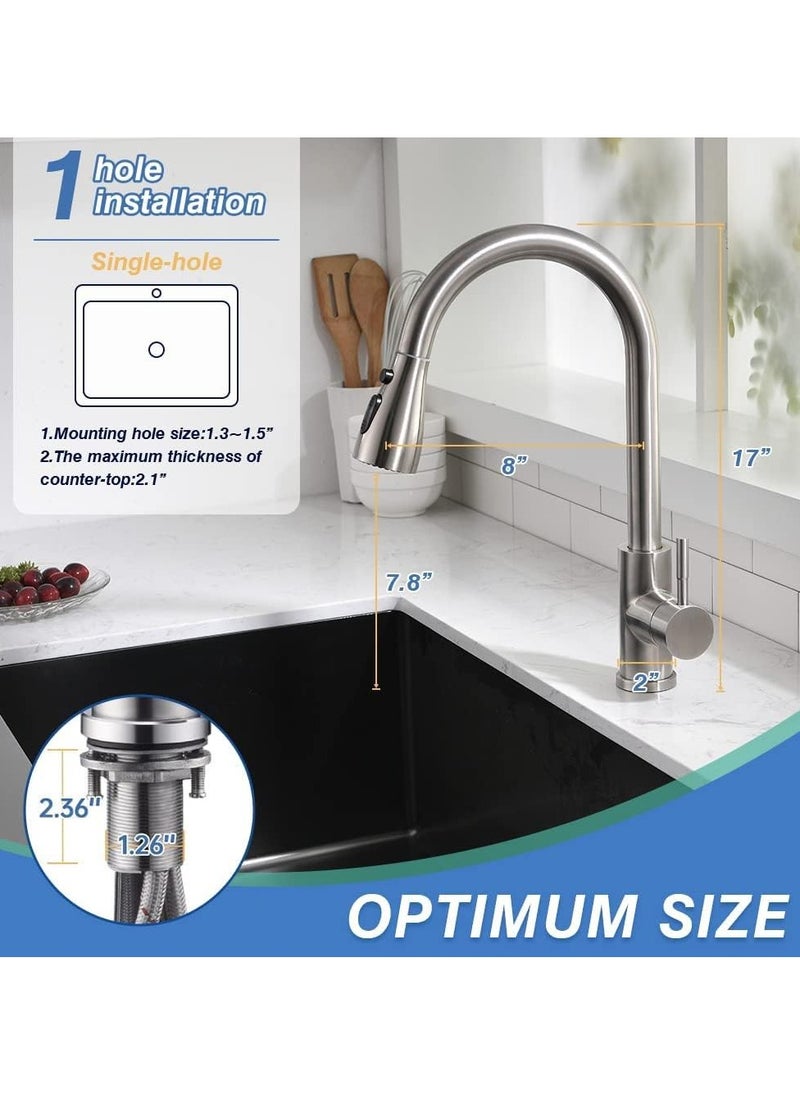 Excefore - Kitchen Faucet with Pull Down Sprayer, High Arc Single Handle Single Hole Stainless Steel Kitchen Sink Faucet with 3 Functions Sprayer for Commercial Modern RV, Brushed Nickel - Image 1