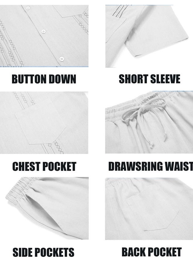COOFANDY Men Linen Sets Outfits 2 Piece Short Sleeve Cuban Shirts Guayabera Linen Suit, White, XL - Image 5