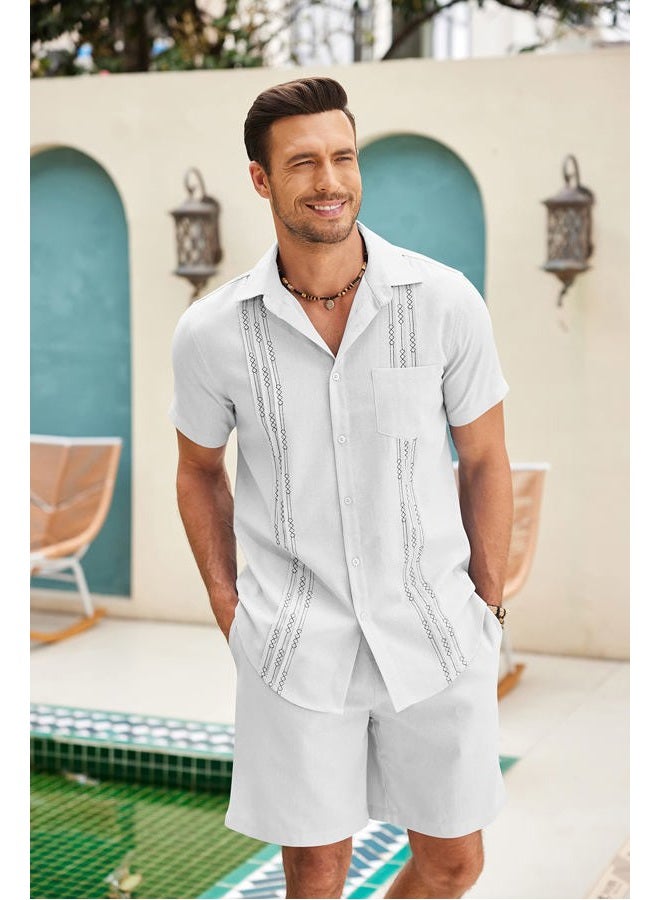 COOFANDY Men Linen Sets Outfits 2 Piece Short Sleeve Cuban Shirts Guayabera Linen Suit, White, XL - Image 3