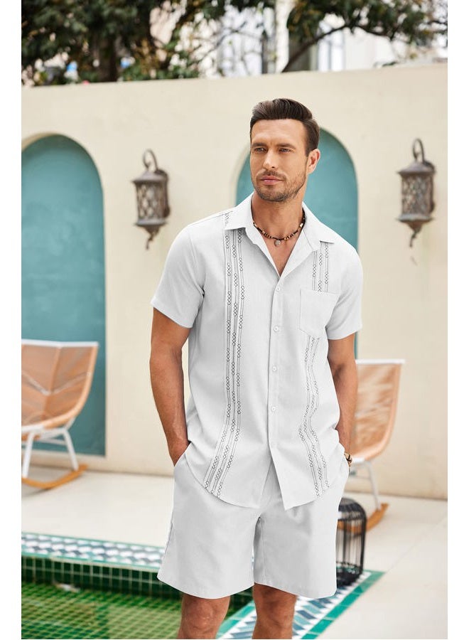 COOFANDY Men Linen Sets Outfits 2 Piece Short Sleeve Cuban Shirts Guayabera Linen Suit, White, XL - Image 2