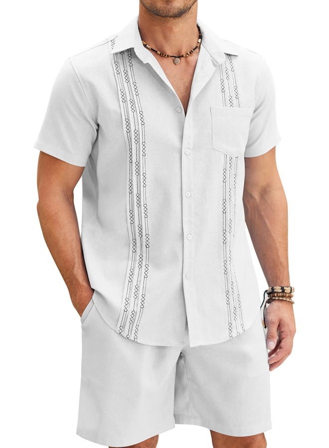 COOFANDY Men Linen Sets Outfits 2 Piece Short Sleeve Cuban Shirts Guayabera Linen Suit, White, XL - Image 1