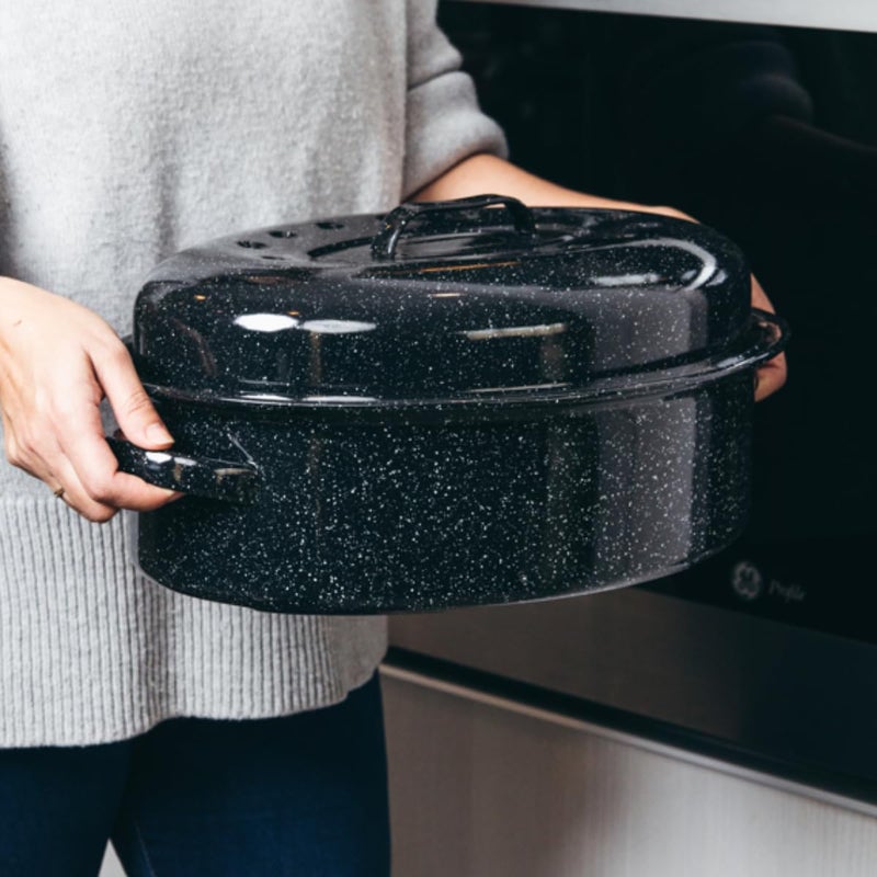 Granite Ware 19-Inch Covered Oval Roaster, 20 Lb Capacity - Enamel Steel Cookware, Dishwasher Safe & PFOA-Free, Even Heat Distribution for Roasting Poultry, Meat, or Vegetables (Speckled Black) - Image 5