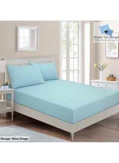 Home-Tex Design Hometex Design Premium 100% Long Stable Cotton Fitted Bed Sheet Set Queen Size 1 Fitted Sheet 160x200 cm and 2 Pillow Covers 50x80 cm with All Around Elastic Blue Orage 