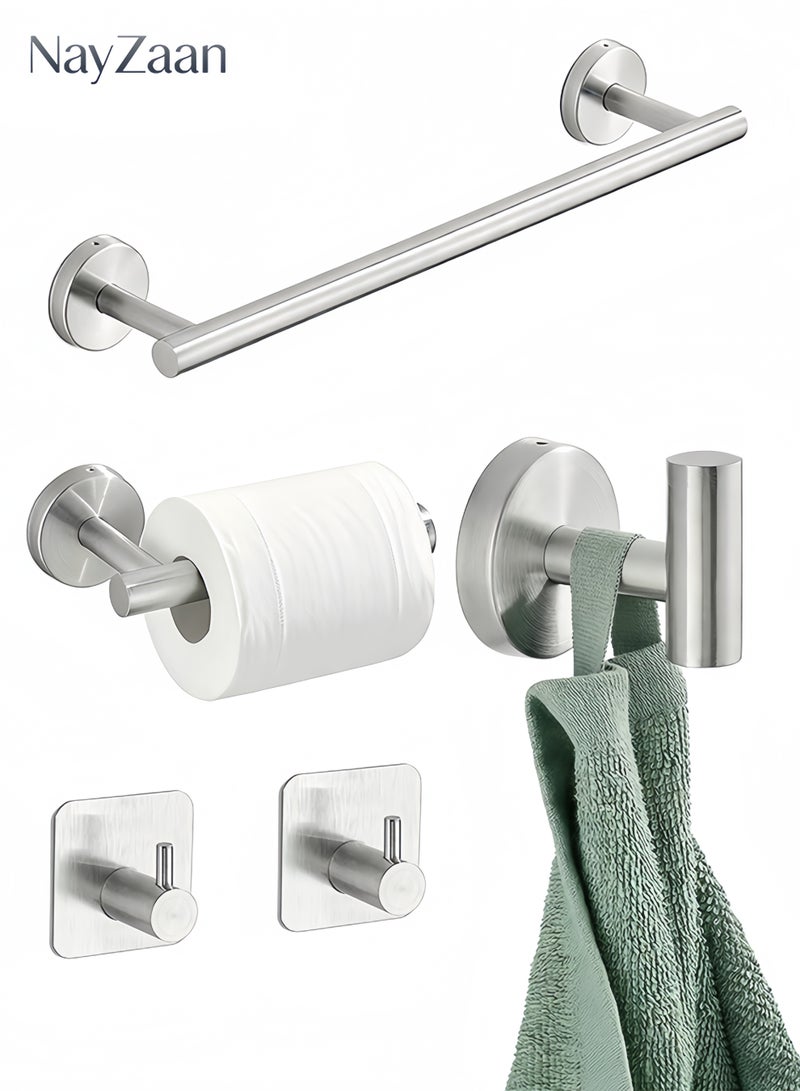 NayZaan Brushed Silver 5-Piece Bathroom Hardware Set Stainless Steel Round Wall-Mounted Includes 16-Inch Towel Bar Toilet Paper Holder 3 Bathrobe Towel Hooks for Bathroom Kitchen Bedroom Living Room Balcony RV Everyday Use - Image 1