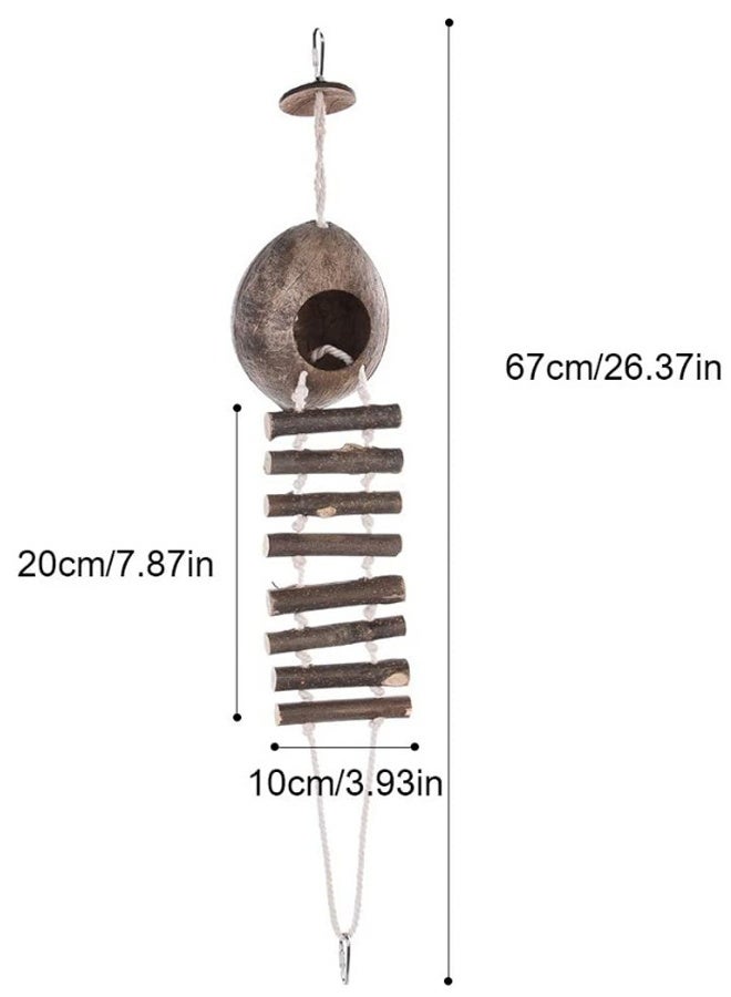 مخبأ هامستر من جوز الهند الطبيعي مع سلم ولعبة طائر وحيوان صغير (منزل مع سلم وسطح أملس) - Image 2