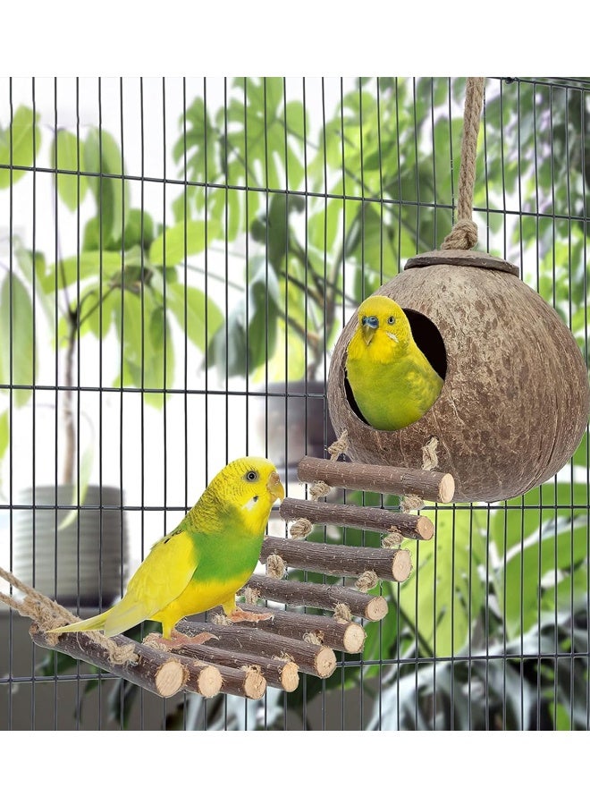 مخبأ هامستر من جوز الهند الطبيعي مع سلم ولعبة طائر وحيوان صغير (منزل مع سلم وسطح أملس) - Image 5