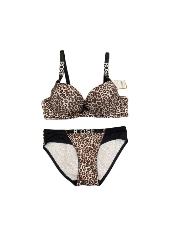 Elegant Leopard Print Lingerie , Padded, Underwired with Rhinestone Straps and Bow Accent 