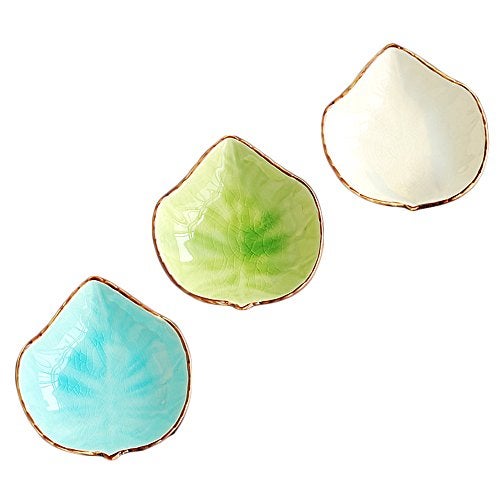 WAIT FLY Lovely Grape Leaves Shaped Ceramics Seasoning Dishes/ Tea Bag Holders/ Ketchup Saucer/ Appetizer Plates/ Vinegar Spice Salad Soy Sushi Wasabi Seasoning Dipping Bowls, Set of 3 - Image 1