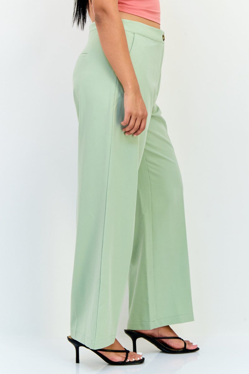 Fire & Glory Women Regular Fit Plain Wide Leg Palazzo Pants, Sage Green - Image 2