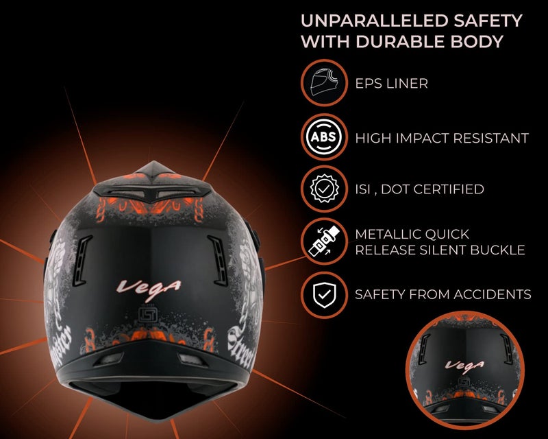 Vega Off Road Gangster ISI Certified Matt Finish Full Face Dual Visor with Peak Helmet for Men and Women Outer Clear Visor and Inner Smoke Sun Visor(Dull Black Orange, Size:M) - Image 5