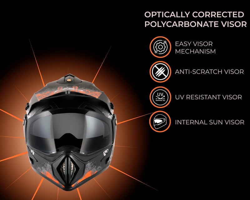 Vega Off Road Gangster ISI Certified Matt Finish Full Face Dual Visor with Peak Helmet for Men and Women Outer Clear Visor and Inner Smoke Sun Visor(Dull Black Orange, Size:M) - Image 3