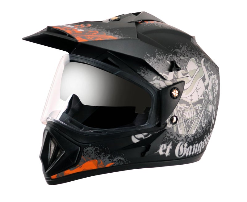 Vega Off Road Gangster ISI Certified Matt Finish Full Face Dual Visor with Peak Helmet for Men and Women Outer Clear Visor and Inner Smoke Sun Visor(Dull Black Orange, Size:M) - Image 1