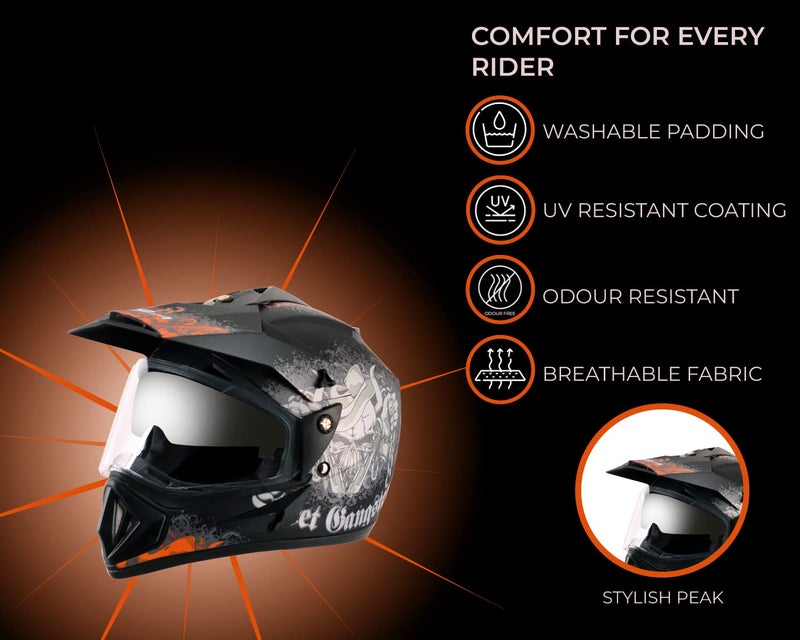 Vega Off Road Gangster ISI Certified Matt Finish Full Face Dual Visor with Peak Helmet for Men and Women Outer Clear Visor and Inner Smoke Sun Visor(Dull Black Orange, Size:M) - Image 4