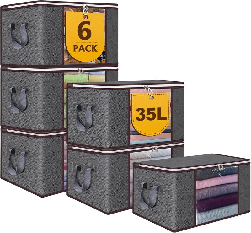 AMINAC 35L Storage Bag, 6-Pack Foldable Storage Box Set, Clothes Organizer for Bedding,Clothing, Blanket, Pillows and Toys,Grey - Image 1