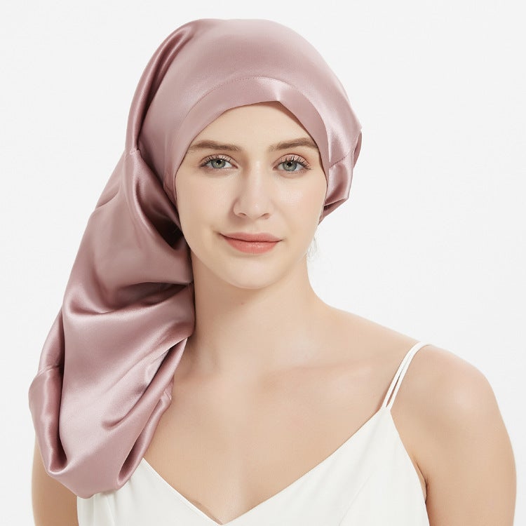 New Sale Supply Silk Long Lace-Up Nightcap 100 Mulberry Silk Hair Care Perm Cap - Image 5