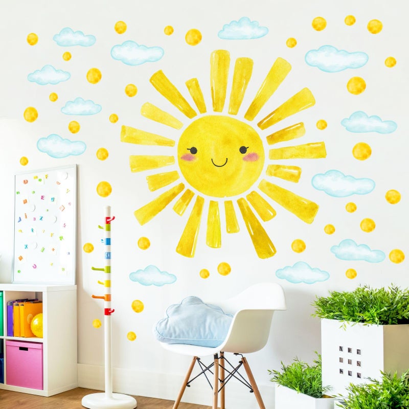 Eutecado Sun Wall Decals Watercolor Cloud Wall Stickers for Kids Room  12 Sheets Large Sun Cloud Wall Decor Posters Polka Dots Wall Stickers Home Decorations for Girls Room Bedroom Play Room - Image 1