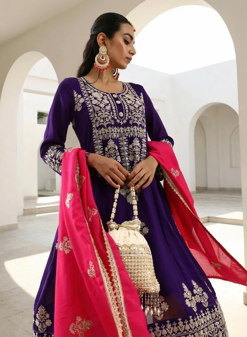 ISHIN Rich Blue Vichitra Embroidered A Line Kurta sets with dupatta