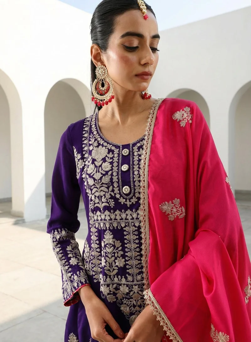 ISHIN Rich Blue Vichitra Embroidered A Line Kurta sets with dupatta