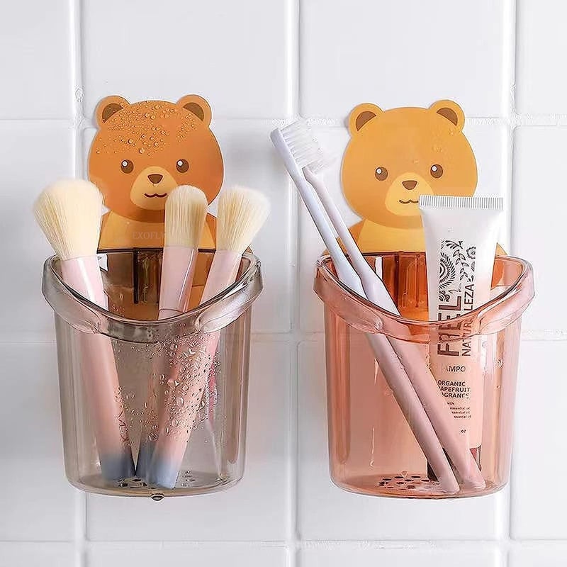 EXOFLY EXOFLY Toothbrush Holder Plastic Stand for Toothpaste, Comb, Brush, Cream, Lotion Kids Bathroom Cup Drain Waterproof Self-Adhesive, Teddy Bear (Set of 2 Pcs) - Image 2